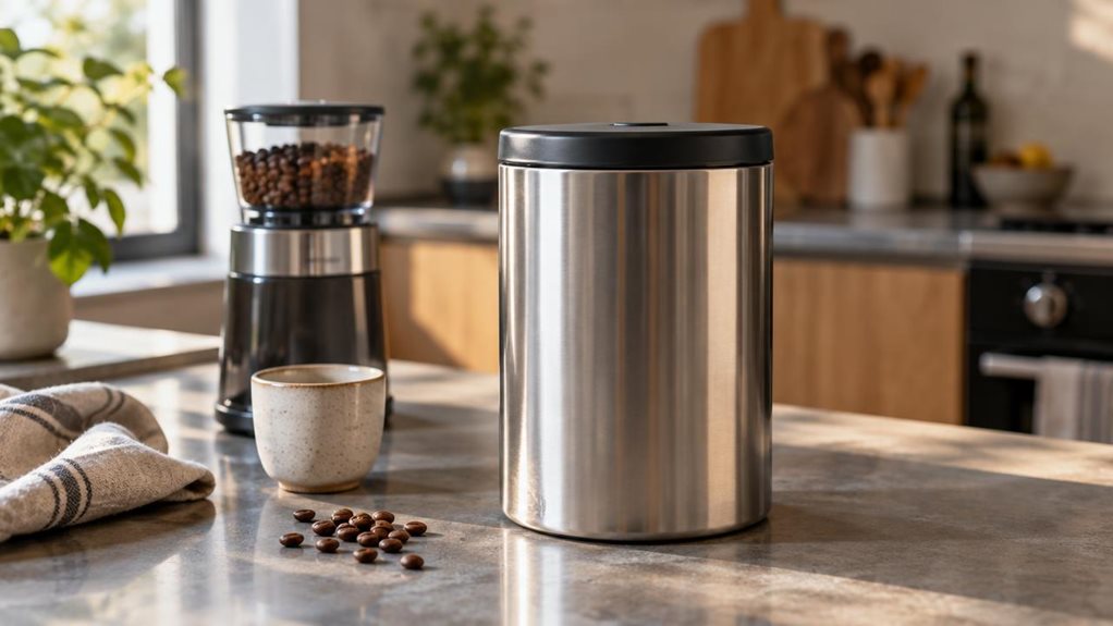 A photograph of a single 1.2-liter vacuum coffee canister resting on a kitchen counter beside a coffee grinder and a small ceramic cup. The canister is the clear hero, with a brushed stainless-steel body, a dark, securely fitted lid, and a simple, unmarked surface. A few coffee beans and a folded linen towel nearby lend the scene a relaxed, lived-in feel without appearing staged. Soft morning light falls across the counter, revealing subtle reflections on the metal and gentle
