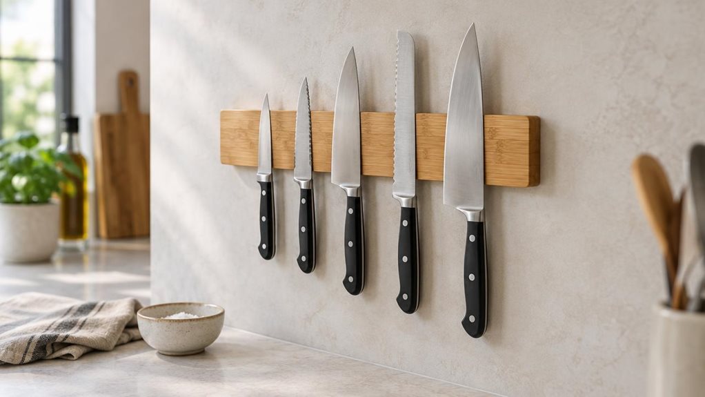 A photograph of a 40 cm bamboo magnetic knife holder mounted on a pale, softly textured kitchen backsplash, shown in a horizontal 16:9 landscape composition. Several clean kitchen knives rest neatly along its length, their understated metal blades contrasting with the warm, natural grain of the bamboo. The holder is the clear hero, positioned above a light stone countertop with a small ceramic bowl and a folded linen towel nearby for a relaxed, lived-in feel. The scene is can