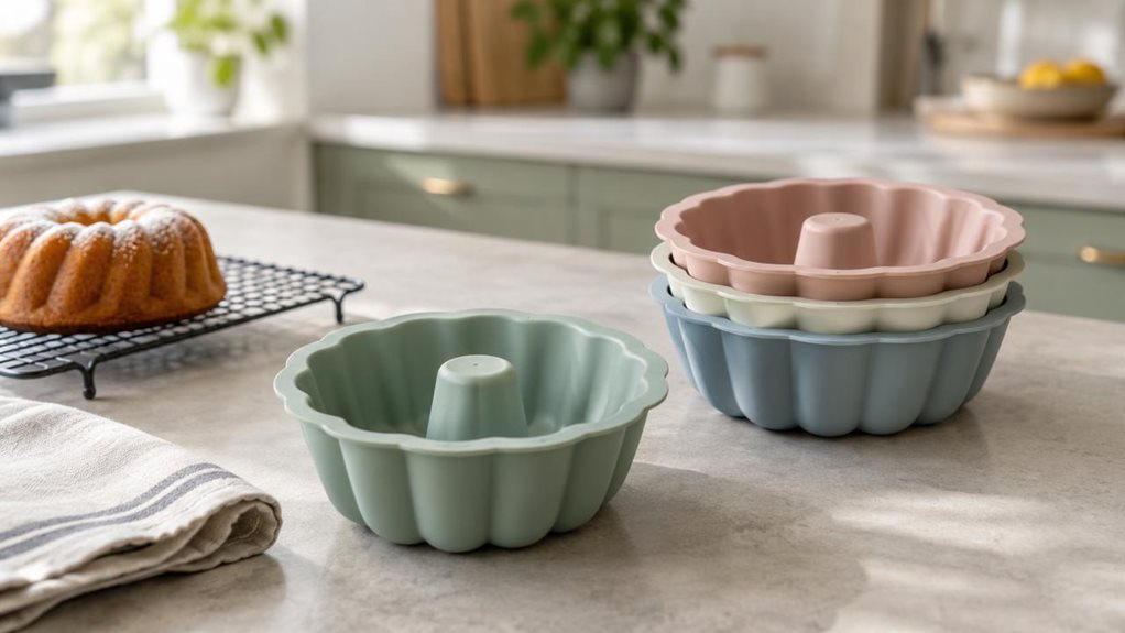 A photograph of a single set of four silicone cake moulds arranged neatly on a pale stone kitchen counter, with one mould in the foreground and the others nested beside it to show their flexible, softly colored forms and realistic matte texture. A cooling rack with a freshly baked small cake and a folded linen tea towel sit nearby, suggesting an everyday home-baking setting without distracting from the product. The scene is horizontally composed in a 16:9 landscape frame, cap