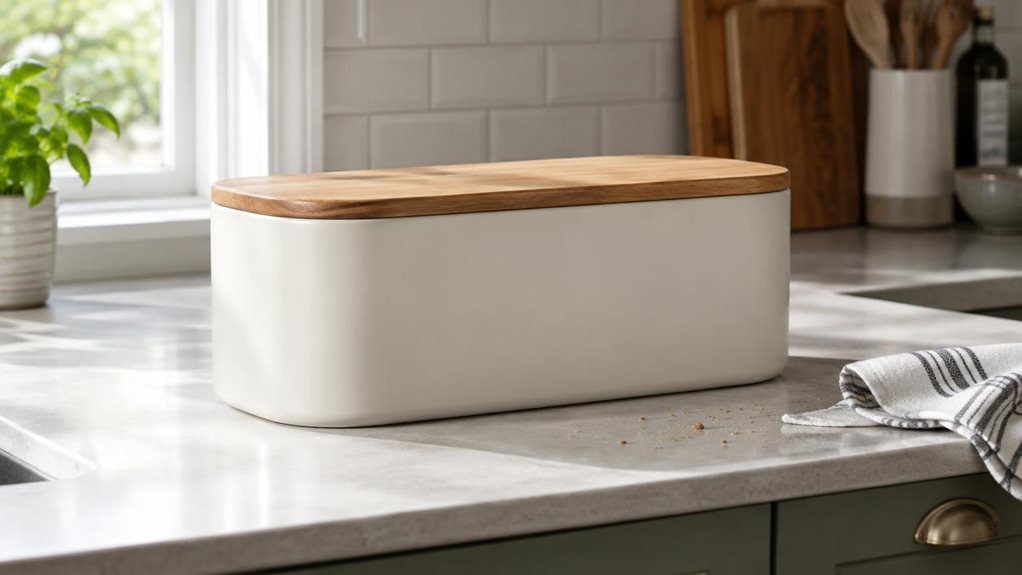 A photograph of a single bread bin with a fitted wooden chopping-board lid, resting on a clean kitchen counter in a horizontally composed 16:9 landscape scene. The bin is the clear hero, shown in a natural, lived-in kitchen setting with a few crumbs and a folded tea towel nearby, but no person or action in frame. Its smooth, understated finish and warm wood lid suit a modern, practical kitchen aesthetic. Soft daylight falls across the counter from a nearby window, creating ge