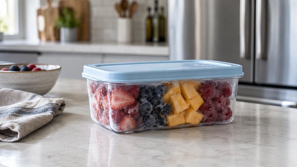 A photograph of a single clear, rectangular freezer container with a snug pale-blue lid, resting on a light stone kitchen counter beside a stainless-steel refrigerator. The container holds neatly portioned berries and sliced fruit, visible through its transparent sides, with a few soft traces of condensation suggesting it has just been taken from the freezer. A folded linen towel and a small bowl sit nearby, adding a lived-in, everyday feel without distracting from the contai