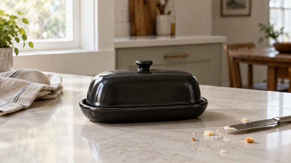 A photograph of a single black ceramic butter dish resting on a pale stone kitchen countertop, shown in a horizontally composed 16:9 landscape scene. Its gently rounded base and matching domed lid have a smooth, understated glaze, with a small knob centered on top. A few crumbs and a butter knife nearby suggest everyday use, while a folded linen towel and a softly lit window add warmth without distracting from the dish. The composition feels candid and observational, as if ca