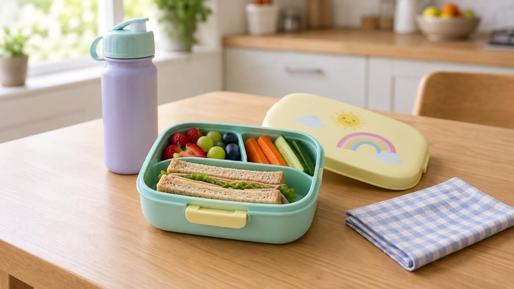 A photograph of a single 1.25-litre children’s bento lunch box resting on a light wooden kitchen table, ready for a day at school. Its compact, child-friendly shape and cheerful pastel-colored lid are the clear focus, with a few neatly arranged compartments visible inside: fresh fruit, small sandwiches, and crunchy vegetables. A reusable water bottle and a folded school napkin sit nearby, adding a natural everyday context without distracting from the lunch box. The scene is h
