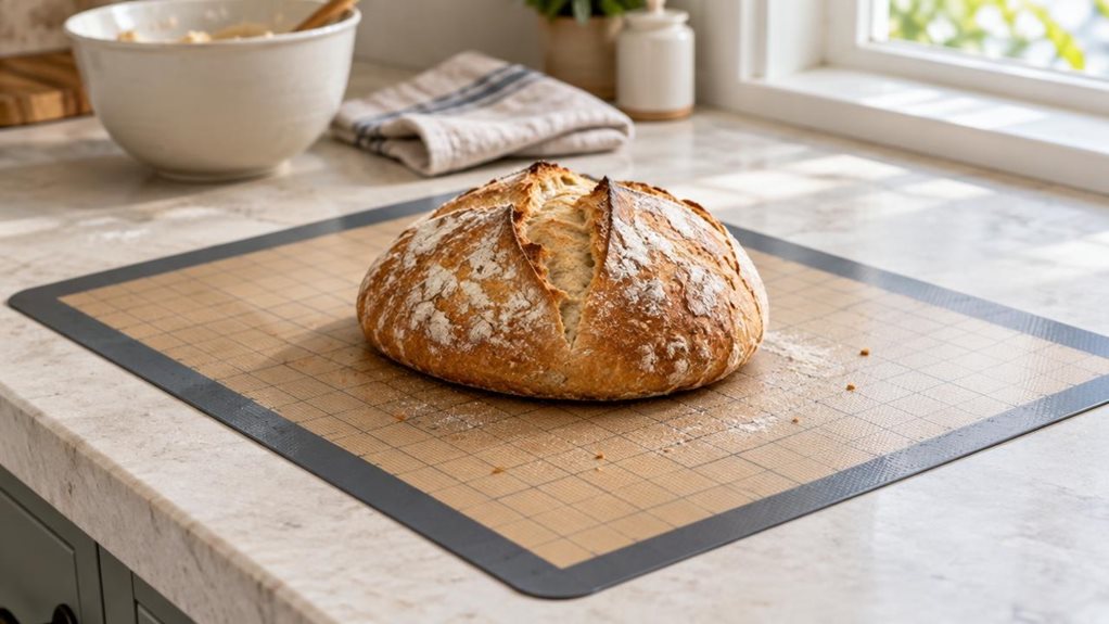 A photograph of a single silicone baking mat laid flat on a light stone countertop in a bright, modern home kitchen, composed horizontally in a 16:9 landscape frame. A rustic loaf of bread rests on the mat, its golden crust dusted lightly with flour, with a few natural crumbs nearby. The mat’s subtle grid markings and flexible, nonstick surface are clearly visible, while its edges sit naturally against the countertop. In the softly blurred background, a mixing bowl and folded