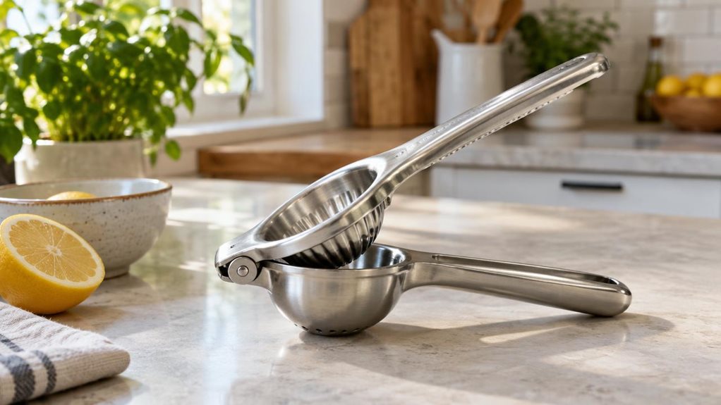 A photograph of a single stainless-steel lemon squeezer resting naturally on a pale stone kitchen countertop, composed as a horizontal 16:9 landscape scene. The press is the clear hero, shown at a slight angle with its hinged handles open and polished metal catching the soft morning light. A cut lemon half and a small ceramic bowl sit nearby as understated kitchen details, suggesting everyday use without showing anyone mid-action. In the softly blurred background, a bright, m