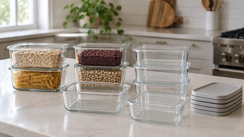 A photograph of a single set of ten clear glass food-storage containers arranged neatly on a light kitchen counter, with their simple, neutral-colored lids stacked nearby. The containers are the unmistakable hero, their clean rectangular shapes and transparent walls catching soft highlights from a nearby window. A few contain everyday pantry staples—oats, pasta, and dried beans—while the others are empty, showing their sturdy glass construction. In the softly blurred backgrou