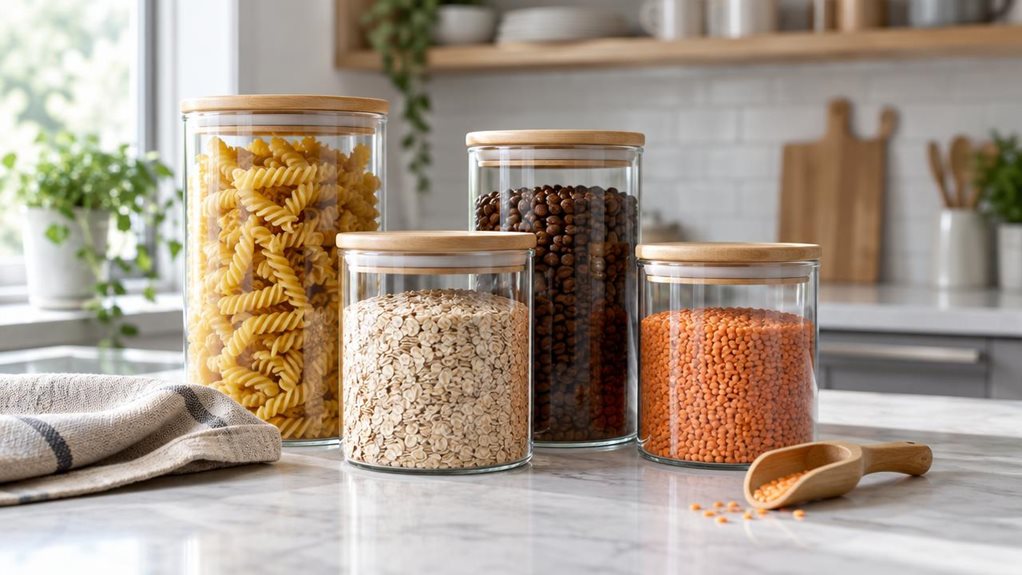 A photograph of a single set of clear glass food-storage jars arranged neatly on a bright, modern kitchen counter, composed horizontally in a 16:9 landscape frame. The jars are the hero of the scene, grouped at varied heights with simple airtight bamboo lids and subtle silicone seals; a few contain pasta, oats, coffee beans, and dried lentils, showing their practical capacity and tidy organization. Their unmarked surfaces have no visible branding or labels. A folded linen tow