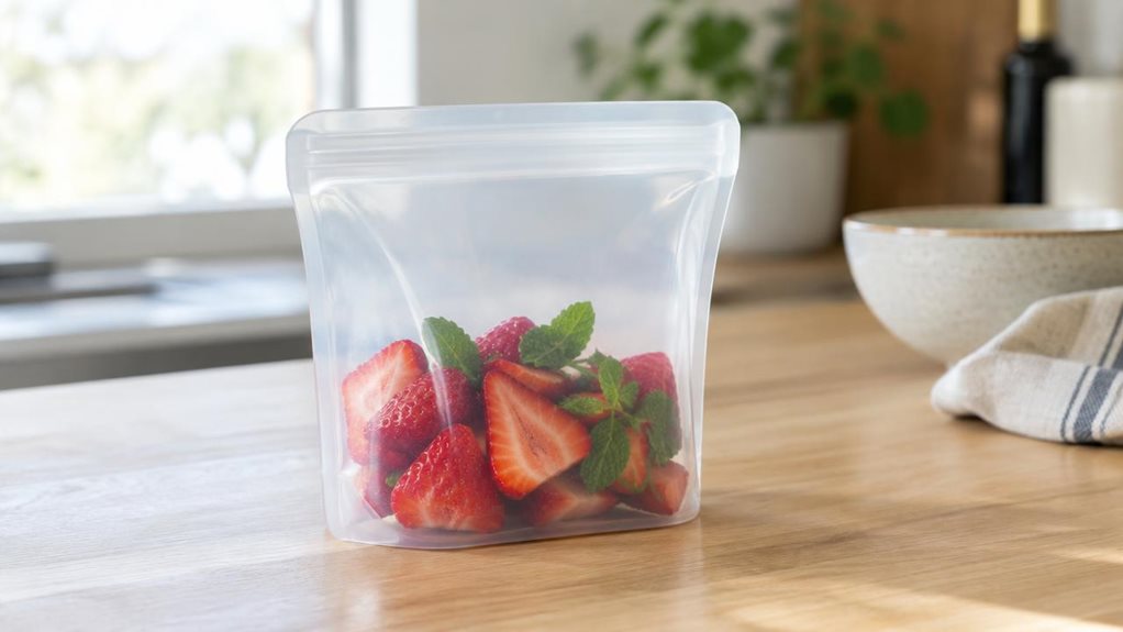 A photograph of a single clear silicone food storage bag standing upright on a light oak kitchen counter in a bright, modern home, captured in a horizontal 16:9 landscape composition. The reusable bag is the clear hero of the scene, softly filled with a neat portion of sliced strawberries and a few sprigs of mint, showing its versatility for everyday food storage. It sits naturally beside a ceramic bowl and a folded linen towel in the blurred background, with no sense of stag