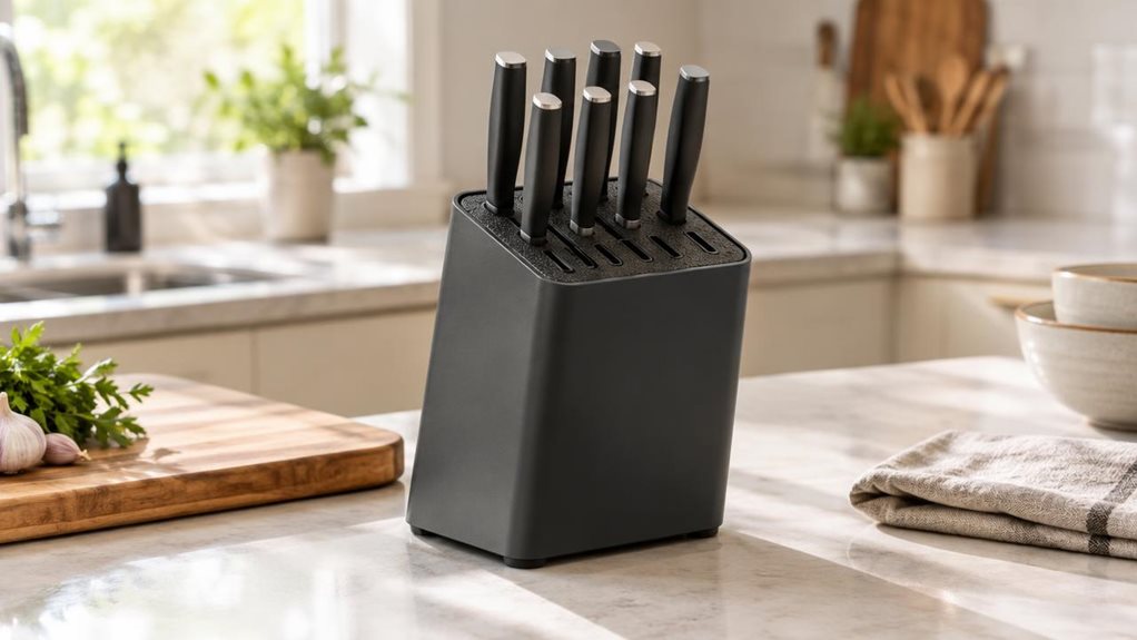 A photograph of a sleek universal knife block with a removable insert, shown resting on a clean kitchen countertop in a bright, modern home, framed in a horizontal 16:9 landscape composition. The product is centered naturally among subtle everyday details—a wooden cutting board nearby, a folded linen towel, and a few ceramic bowls softly out of focus—making it feel like an authentic lifestyle scene rather than a staged product shot. The knife block has a matte, contemporary f