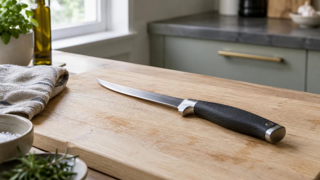 A photograph of a single 14.5 cm boning knife resting naturally on a pale wooden cutting board in a quiet, modern home kitchen. The knife is the clear hero of this horizontally composed 16:9 landscape scene, its slim, gently curved stainless-steel blade catching a soft glint of window light and its dark, textured handle angled toward the foreground. A folded linen towel and a few understated kitchen details sit nearby, suggesting everyday use without making the scene feel sta