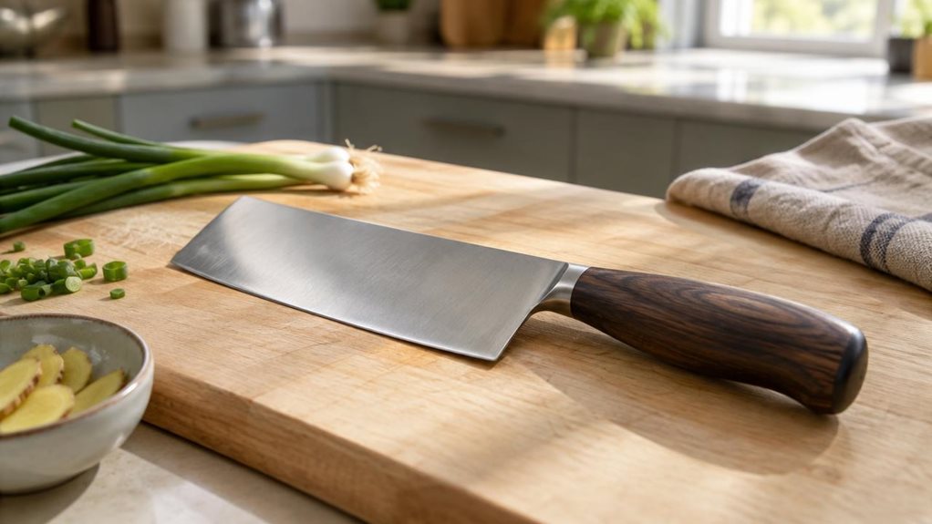 A photograph of a single 19 cm chai-dao knife resting on a pale wooden cutting board in a calm, modern home kitchen. The knife is the clear hero, placed diagonally across the board, with its broad stainless-steel blade catching a soft, natural window light and its dark wooden handle showing subtle grain and a smooth, practical shape. Nearby, a few casually arranged scallions, a small bowl of sliced ginger, and a folded linen towel suggest everyday cooking without making the s