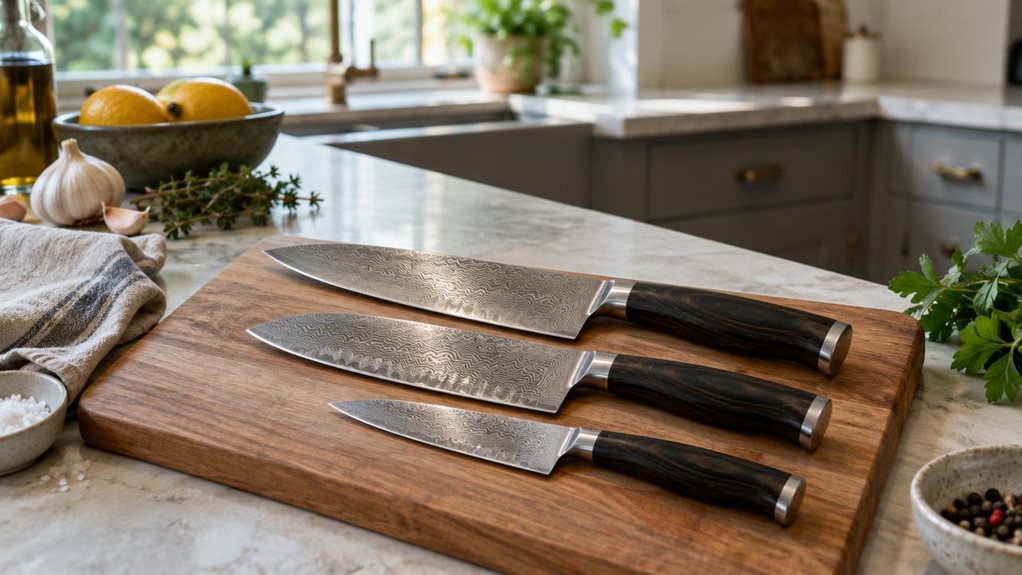 A photograph of a single three-piece Damascus kitchen knife set arranged on a pale stone countertop in a modern home kitchen, composed horizontally in a 16:9 landscape frame. The three knives rest neatly beside one another on a simple wooden cutting board, their layered steel blades catching soft window light and their dark handles contrasting with the warm grain. A folded linen towel and a few understated cooking ingredients sit nearby, suggesting everyday use without making