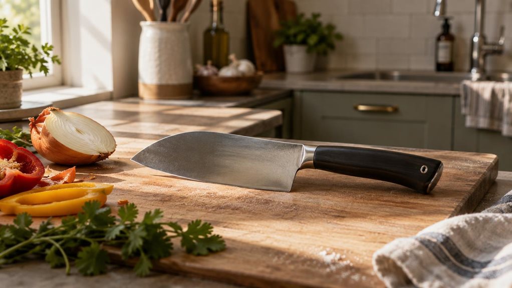 A photograph of a Wakoli EDIB Chai Dao 19 cm knife resting on a wooden cutting board in a sunlit kitchen, composed in a horizontal 16:9 landscape frame. The knife's dark handle and curved, wide blade catch natural window light streaming in from the left, casting soft shadows across the board's wood grain. Scattered around the knife are fresh vegetables — a halved onion, sliced bell peppers, and a sprig of cilantro — suggesting mid-preparation calm rather than action. The back