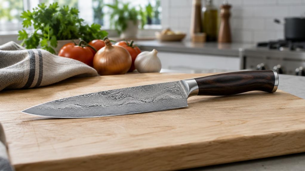 A photograph of a single Damascus chef’s knife resting naturally on a pale oak cutting board in a calm, modern kitchen, composed horizontally in a 16:9 landscape frame. The knife is the clear hero: its layered, rippling steel pattern catches the light along the blade, while the dark wood handle shows subtle grain and a carefully shaped profile. A folded linen towel and a few whole vegetables sit nearby, suggesting everyday kitchen use without making the scene feel staged or b