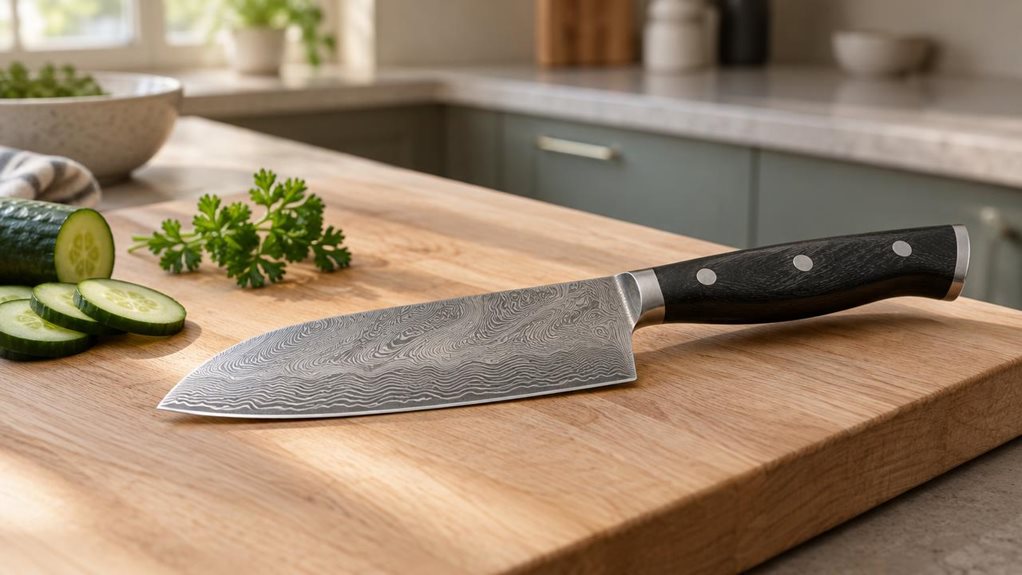 A photograph of a single compact Santoku knife resting diagonally on a pale oak cutting board in a calm, modern home kitchen, composed as a horizontal 16:9 landscape scene. Its gently curved blade shows intricate, flowing Damascus patterns and a finely honed edge; the dark, textured handle is cleanly shaped and joined with subtle metal rivets. A few neatly arranged slices of cucumber and a small sprig of parsley sit nearby, suggesting everyday use without showing the knife in