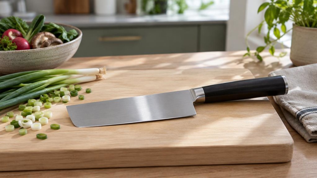 A photograph of a single 17.5 cm nakiri knife resting diagonally on a pale wooden cutting board in a calm, modern home kitchen. Its broad, rectangular stainless-steel blade catches a soft stripe of window light, while the smooth dark handle sits near a folded linen towel. A few freshly cut scallions and a small ceramic bowl of vegetables nearby suggest the knife’s everyday purpose without showing anyone in action. The scene is candid and observational, as if captured during a
