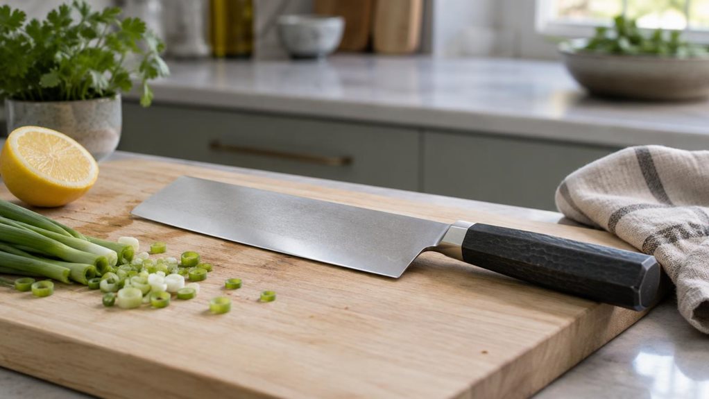 A photograph of a single 18 cm nakiri knife resting naturally on a pale wooden cutting board in a calm, modern kitchen. Its broad rectangular stainless-steel blade catches a soft wash of window light, while the dark, subtly textured handle sits near the board’s edge. A few freshly cut scallion pieces, a halved lemon, and a folded linen towel provide understated context without distracting from the knife. The horizontally composed 16:9 landscape scene feels candid and observat