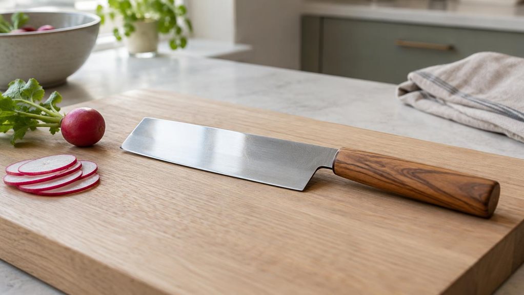 A photograph of a single Japanese-style nakiri knife resting naturally on a pale oak cutting board in a calm, modern kitchen. The knife is the clear hero: its broad, rectangular stainless-steel blade catches a gentle window reflection, while a warm olive-wood handle shows subtle grain and a smooth, understated finish. A few neatly stacked vegetable slices and a whole radish sit nearby, suggesting everyday kitchen use without any action or clutter. The scene is horizontally co