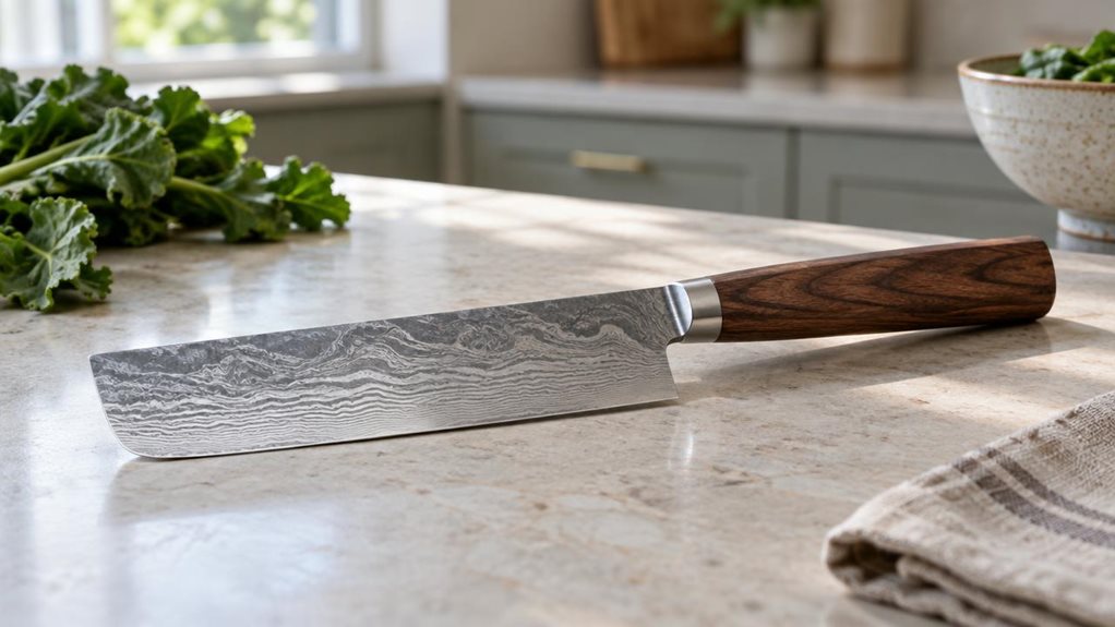A photograph of a single Japanese-style nakiri knife resting diagonally on a pale stone kitchen counter, its broad 22.5 cm Damascus blade catching soft window light and revealing fine, rippling steel patterns. The warm walnut handle contrasts with the cool metal, with subtle wood grain and a small, polished bolster rendered in crisp detail. A folded linen towel and a few leafy greens sit nearby, suggesting a working kitchen without making the scene feel staged; nothing is bei
