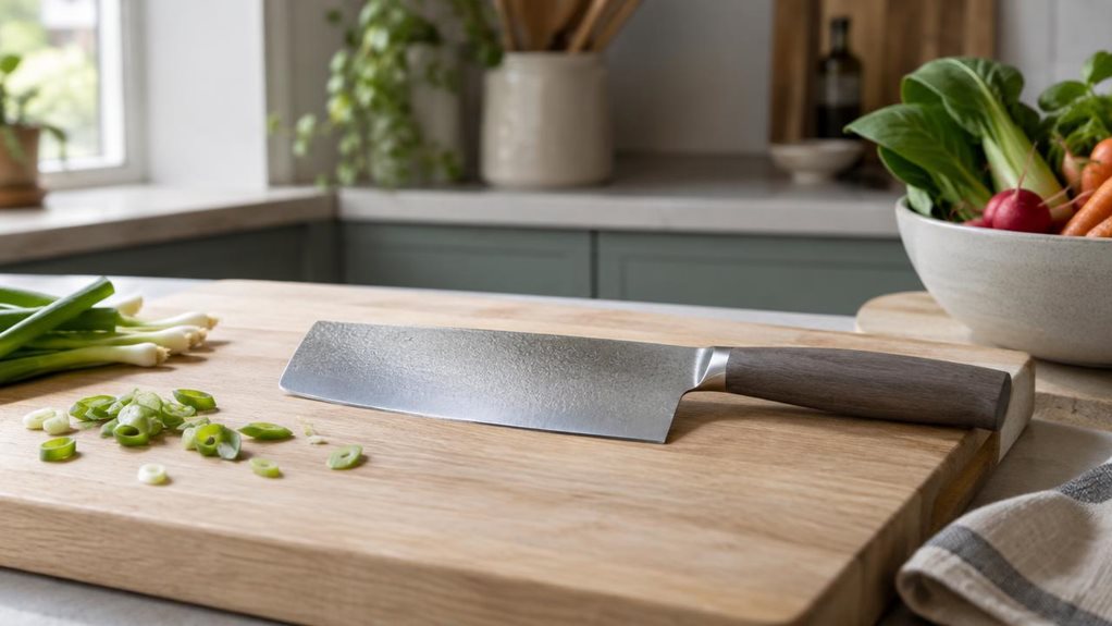 A photograph of a single 18cm nakiri knife with a subtle titanium-finish blade, resting naturally on a pale oak cutting board in a calm, modern home kitchen. The knife is the clear hero, its broad rectangular blade catching a soft, silvery glint beside a few casually scattered scallion slices and a small bowl of fresh vegetables. Its understated handle and finely textured blade look realistic and well-crafted, with no visible branding. The scene feels candid and observational