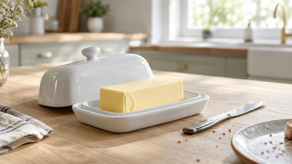 A photograph of a single white porcelain butter dish resting on a pale oak kitchen table, composed as a horizontal 16:9 landscape scene. The dish has a gently rounded rectangular base and a smooth, softly domed lid with a small knob, sized to hold a standard block of butter. A neatly cut pat of butter sits on the base, its creamy yellow surface catching the light. Nearby, a simple butter knife and a few crumbs suggest everyday use without making the scene feel staged or mid-a
