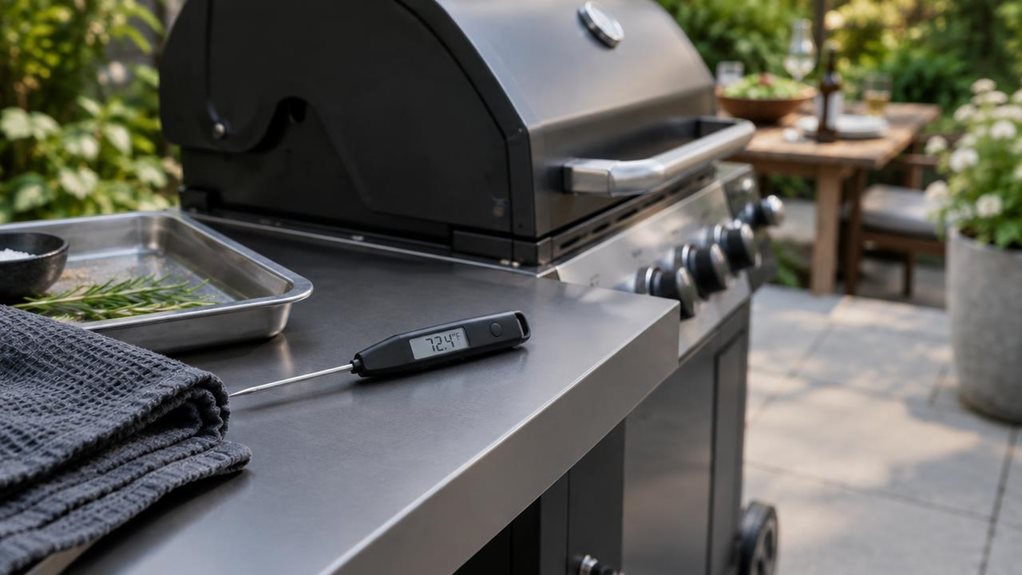 A photograph of a single compact digital pocket thermometer resting on the side shelf of a modern outdoor grill, its slim black casing and small, clear display in sharp focus. The thermometer lies beside a folded charcoal-gray kitchen towel and a simple metal serving tray, suggesting a relaxed backyard cookout without showing anyone using it. In the softly blurred background, the grill stands on a clean patio near leafy greenery, with a few understated signs of an outdoor mea