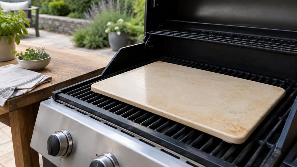 A photograph of a single rectangular glazed cordierite pizza stone resting on the open cooking grate of a clean, modern outdoor grill, shown in a horizontally composed 16:9 landscape scene. Its warm ivory surface has a subtle satin sheen, gently rounded corners, and a few natural signs of use, making the stone the clear hero. The grill sits on a tidy patio beside a simple wooden prep table, with a folded linen cloth and a small bowl of fresh herbs nearby. Nothing is being coo