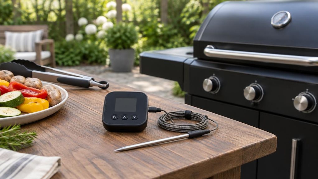 A photograph of a single smart grill thermometer resting beside a closed outdoor barbecue on a clean patio, composed horizontally in a 16:9 landscape frame. The compact black sensor unit is the clear hero, with a slim metal probe and neatly coiled heat-resistant cable arranged naturally nearby; its small, unmarked display and understated controls look realistic and functional. A wooden prep table, a pair of tongs, and a plate of uncooked vegetables sit casually in the scene,