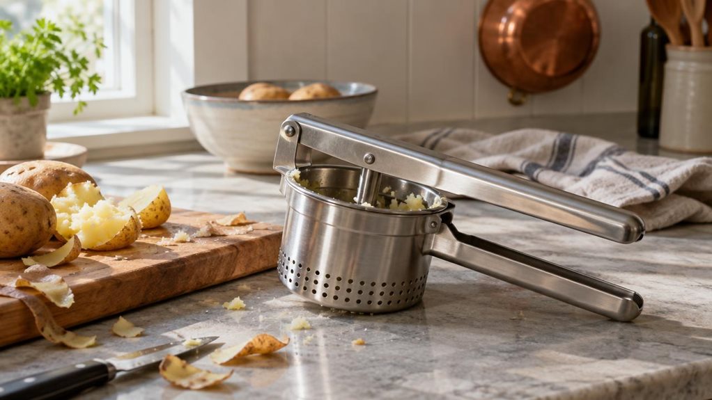 A photograph of a sunlit kitchen countertop, framed in a horizontal 16:9 composition, where a stainless steel potato press rests casually beside a wooden cutting board. The press, with its gleaming brushed-metal finish and sturdy handles, sits at a slight angle as though just set down after use, with a few flecks of cooked potato still visible in its hopper. Soft morning light streams in from a nearby window, catching the metallic curves and casting gentle, realistic reflecti