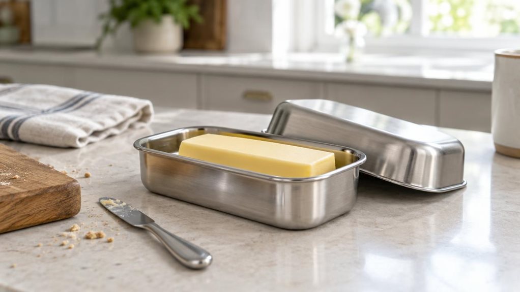 A photograph of a single stainless steel butter dish with a half-pound capacity, resting naturally on a pale stone kitchen counter beside a wooden cutting board and a small butter knife. A neat stick of butter sits inside the open dish, while its brushed-metal lid rests slightly askew nearby, showing the softly rounded edges and realistic reflections. A few crumbs and a folded linen tea towel add an understated, lived-in touch without cluttering the scene. The dish is the cle