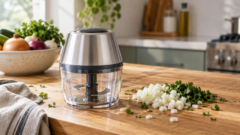 A photograph of a stainless steel chopper resting on a wooden kitchen countertop, its curved blade and clear plastic container catching soft morning light streaming in from a nearby window. The chopper sits beside a small pile of freshly diced onions and herbs, a few stray pieces scattered naturally around the cutting surface, suggesting recent use. A linen kitchen towel is loosely draped in the corner of the frame, and a ceramic bowl filled with uncut vegetables sits softly 