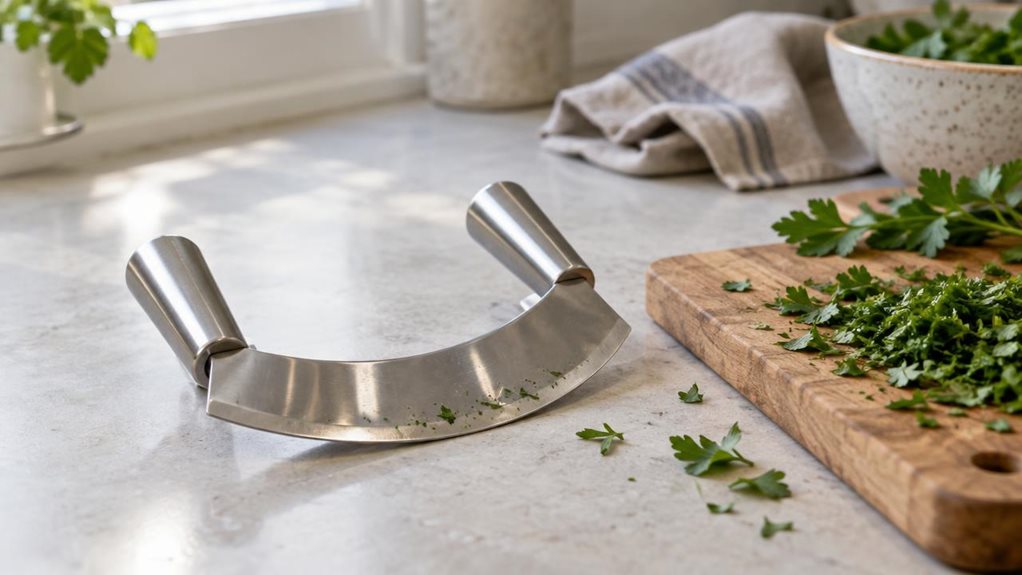 A photograph of a single stainless steel herb cutter resting on a pale stone kitchen counter beside a small wooden cutting board scattered with freshly chopped parsley and a few whole leaves. Its curved, polished blade and simple metal handles catch the soft morning light from a nearby window, showing realistic reflections and subtle signs of everyday use. A folded linen towel and a ceramic bowl sit casually in the background, suggesting a lived-in, modern kitchen without dis