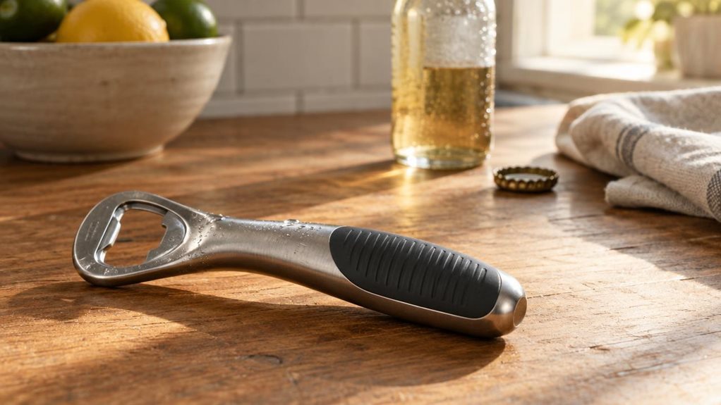 A photograph of a sleek stainless steel screw-cap bottle opener resting on a weathered wooden kitchen counter, positioned slightly off-center to the left in a horizontal 16:9 frame. The opener's grooved rubber grip catches a sliver of warm afternoon sunlight streaming through a nearby window, highlighting its brushed metal finish and ergonomic curve. A few condensation droplets cling to its surface, suggesting recent use. In the soft-focused background, a glass bottle with it