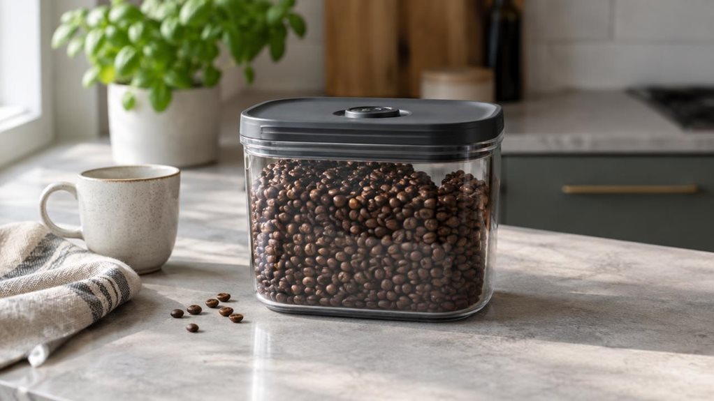 A photograph of a single 2.4-liter vacuum storage container resting on a clean, modern kitchen counter, composed horizontally in a 16:9 landscape frame. The clear, gently rounded container is filled with coffee beans, its matte charcoal lid fitted with a small vacuum-seal valve. It sits naturally beside a ceramic mug and a folded linen tea towel, with a few beans scattered nearby for an unposed, everyday feel. Soft morning light enters from a window just outside the frame, cr