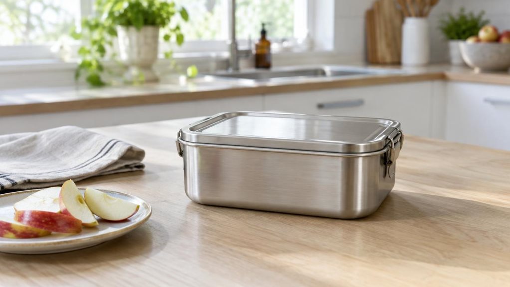 A photograph of a single stainless steel lunch box resting on a pale wooden kitchen counter, composed horizontally in a 16:9 landscape frame. The brushed-metal box is the clear hero, its softly rounded corners, fitted lid, and subtle reflections rendered with realistic detail. Nearby, a folded linen napkin and a few fresh apple slices suggest an everyday lunch routine without making the scene feel staged. A bright, modern kitchen sits softly out of focus in the background, wi