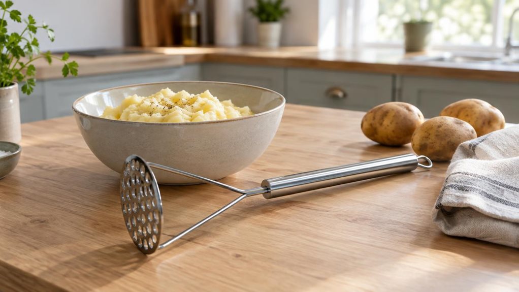 A photograph of a single stainless-steel potato masher with a 30 cm handle, resting casually beside a ceramic bowl of freshly mashed potatoes on a light oak kitchen counter. The masher is the clear hero, its polished metal head and slim handle catching gentle window light. A folded linen tea towel and a few unpeeled potatoes sit nearby, suggesting an everyday home kitchen without looking staged. In the softly blurred background, understated cabinetry and a sunlit window creat
