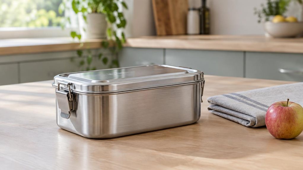 A photograph of a single 850 ml stainless steel lunch box resting on a pale wooden kitchen counter, composed horizontally in a 16:9 landscape frame. Its brushed metal body and neatly fitted lid are the clear focus, with subtle reflections revealing realistic seams, rounded corners, and a secure clasp. Beside it sits a folded linen napkin and a small piece of fruit, suggesting a quiet moment before lunch without making the scene feel staged. The softly blurred background shows