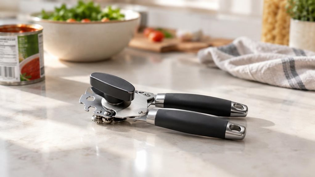 A photograph of a single manual safety can opener resting naturally beside a half-finished kitchen prep setup on a bright, modern countertop, framed in a horizontally composed 16:9 landscape scene. The can opener sits in the foreground as the clear hero product, with its clean metal cutting wheel, smooth ergonomic handles, and practical compact form rendered in realistic detail. It feels casually placed rather than staged, as if someone had just paused mid-task and stepped ba