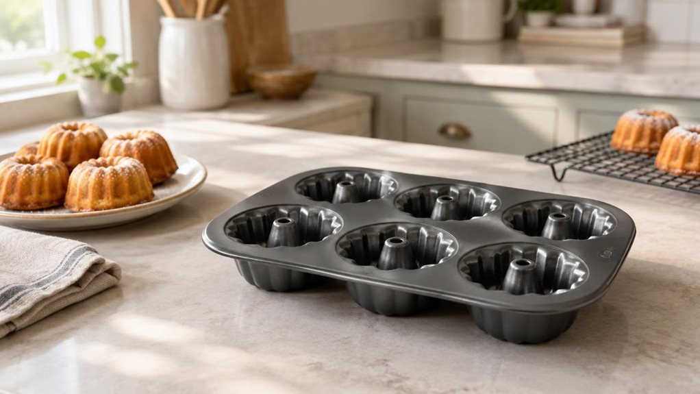 A photograph of a single dark charcoal mini Bundt cake pan resting on a pale stone kitchen island, composed horizontally in a 16:9 landscape frame. The pan is the clear hero, its sturdy fluted cups and subtle nonstick sheen rendered in crisp detail. Nearby, a small plate holds a few freshly baked golden mini Bundt cakes, with a folded linen towel and a cooling rack adding natural, lived-in context without distracting from the product. The scene feels candid and observational,