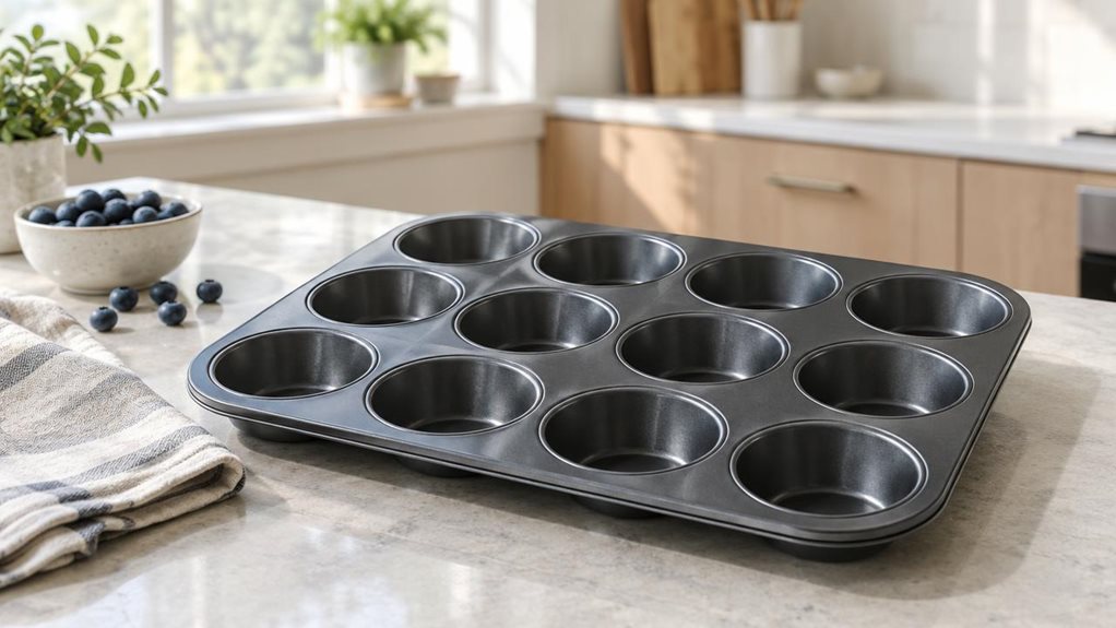 A photograph of a single 12-cup non-stick muffin tray resting on a pale stone kitchen counter, composed as a horizontal 16:9 landscape scene. The dark charcoal metal tray is the clear hero, angled slightly toward the camera so its twelve cleanly formed cups and subtle non-stick sheen are visible. A folded linen tea towel and a small bowl of blueberries sit nearby, suggesting a relaxed home-baking setting without distracting from the product. In the softly blurred background, 