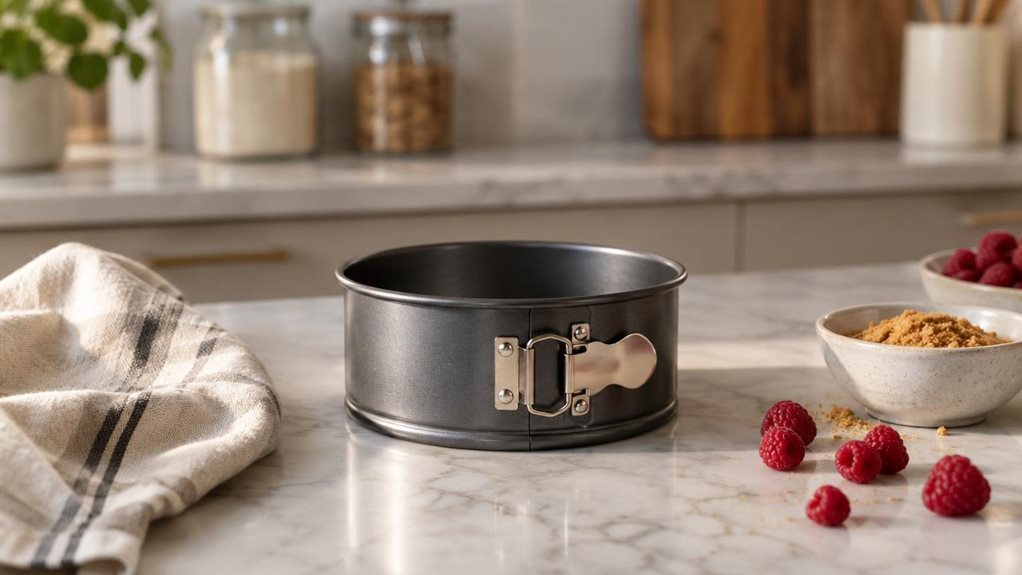 A photograph of a single mini springform cake tin resting on a clean marble kitchen counter, composed in a horizontal 16:9 landscape frame. The tin is centered as the hero object, shown in a tasteful home-baking setting with a soft linen tea towel, a small bowl of crumbs, and a few scattered raspberries nearby for context. The scene feels candid and observational, as if captured naturally during a quiet afternoon in a modern apartment kitchen. Warm natural window light falls