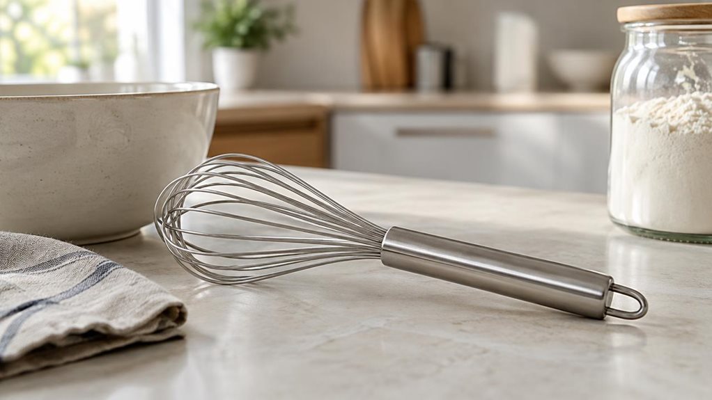 A photograph of a horizontally composed 16:9 landscape scene showing a single 22 cm spiral whisk resting casually in a modern kitchen, heroed on a pale stone countertop beside a ceramic mixing bowl, a folded linen towel, and a glass jar of flour. The whisk is the clear focal point, positioned naturally as if recently set down after use, with its stainless-steel wire loops and sleek handle catching soft daylight from a nearby window. The background falls into a gentle blur, re