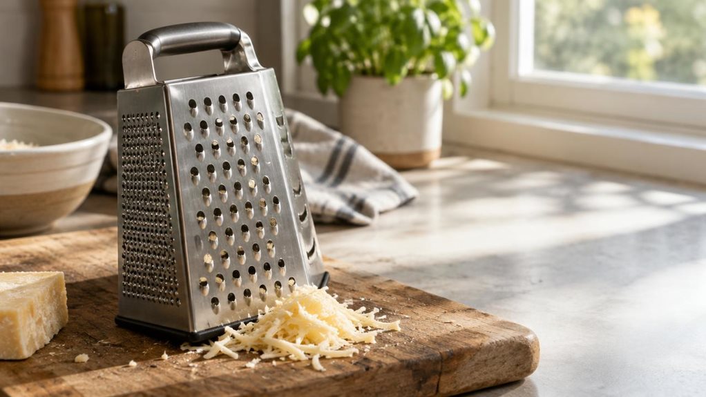 A photograph of a Wenco-style universal stainless steel grater resting diagonally on a weathered wooden cutting board, positioned on a sunlit kitchen countertop. The grater's four-sided box design catches natural window light, highlighting the varied perforation patterns along its brushed steel surface. A small pile of freshly grated cheese sits at its base, with a few loose shreds scattered nearby, suggesting recent use without any hands or motion in frame. The handle's ergo