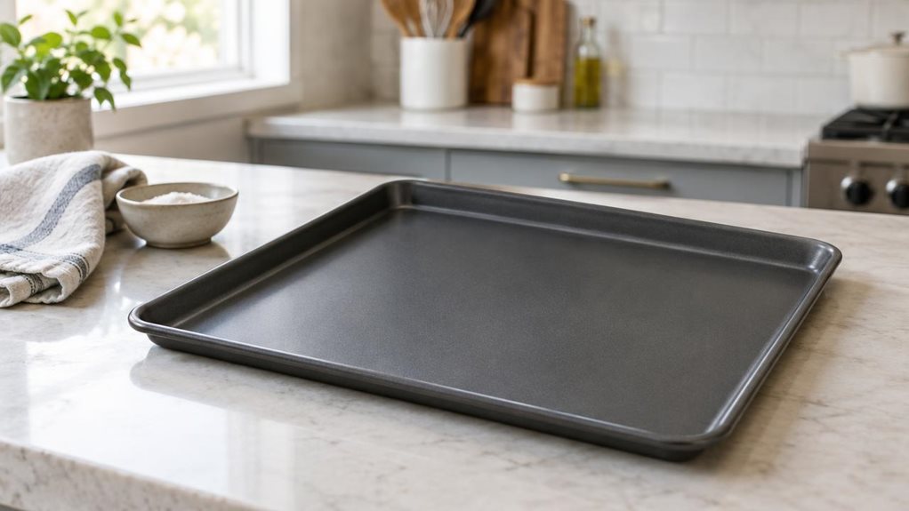 A photograph of a single dark, nonstick baking sheet resting on a pale stone countertop in a bright, modern home kitchen, composed as a horizontal 16:9 landscape scene. The sheet is the clear hero, angled slightly toward the viewer so its shallow raised rim and smooth, lightly textured surface are visible. A folded linen tea towel and a small ceramic bowl sit nearby, adding a relaxed, lived-in feel without distracting from the product. Soft natural window light falls across t