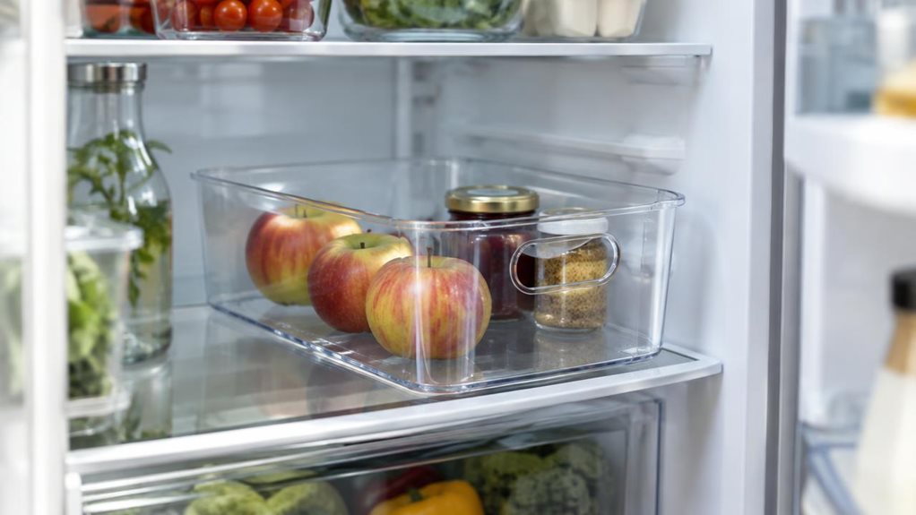 A photograph of a single transparent fridge organiser resting on a middle shelf inside a clean, modern refrigerator, composed as a 16:9 horizontal landscape scene. The clear plastic bin is the hero, shown at a natural three-quarter angle with its smooth sides, rounded corners, and integrated grip visible. It holds a few neatly arranged apples and small jars, leaving plenty of open space to reveal its shape and clarity. Nearby, softly blurred shelves contain everyday groceries