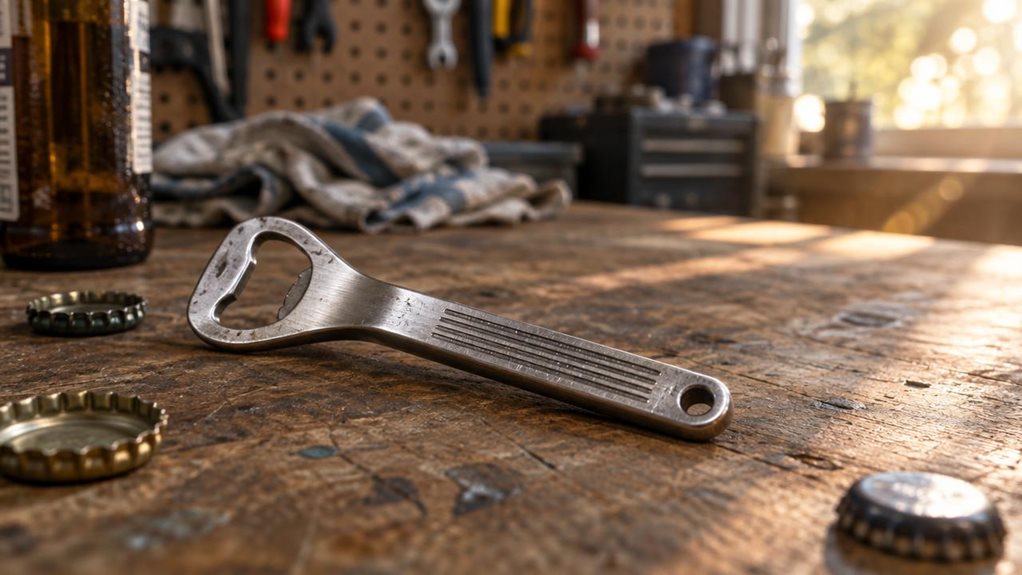 A photograph of a compact metal bottle opener resting on a weathered wooden workbench in a garage workshop, its brushed steel surface catching soft afternoon light streaming through a nearby window. The 145mm tool lies diagonally across the frame, its sturdy handle showing subtle machined grooves and a small hanging hole at one end, the curved opening mechanism glinting faintly. Scattered around it are a few loose bottle caps, slightly out of focus, along with the blurred sil