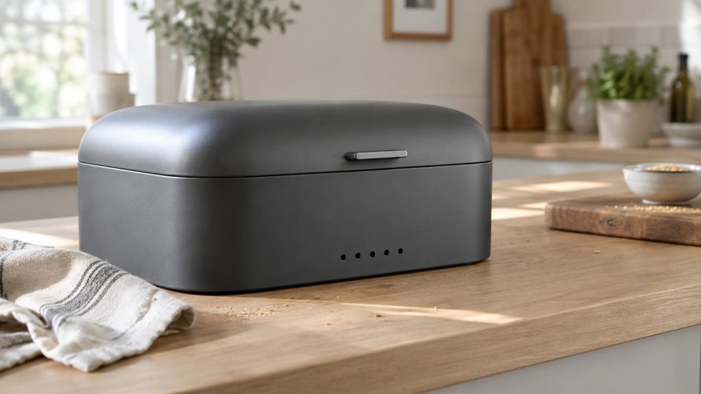 A photograph of a single matt graphite bread bin resting on a pale oak kitchen counter in a calm, modern home. The bin is the clear hero, its softly curved rectangular body, subtle lid handle, and small ventilation holes rendered in realistic detail, with a gentle satin finish catching the window light. Nearby, a linen tea towel and a few crumbs suggest everyday use without making the scene feel staged; a wooden cutting board and a small bowl sit farther back. The horizontall