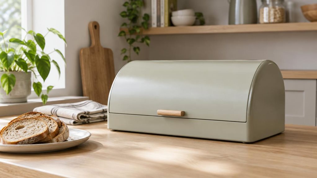 A photograph of a compact single bread bin resting on a light oak countertop in a calm, modern kitchen, composed horizontally in a 16:9 landscape frame. The rounded metal bin is the clear hero, with a smooth, softly colored finish, a gently curved lid, and a small understated handle; no other matching product is present. A folded linen tea towel and a simple wooden cutting board sit nearby, while a few slices of fresh bread on a ceramic plate hint at the bin’s everyday purpos