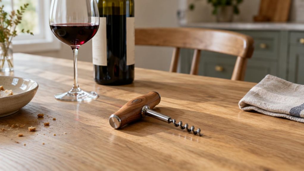 A photograph of a single wooden-handled corkscrew resting on a pale oak dining table beside a half-filled glass of red wine and a closed wine bottle. The corkscrew is the clear hero, its warm wood grain and polished metal details sharply rendered, positioned casually as though left there after a quiet evening meal. A folded linen napkin and a few crumbs add subtle, natural signs of use without making the scene feel staged. In the softly blurred background, a simple dining cha