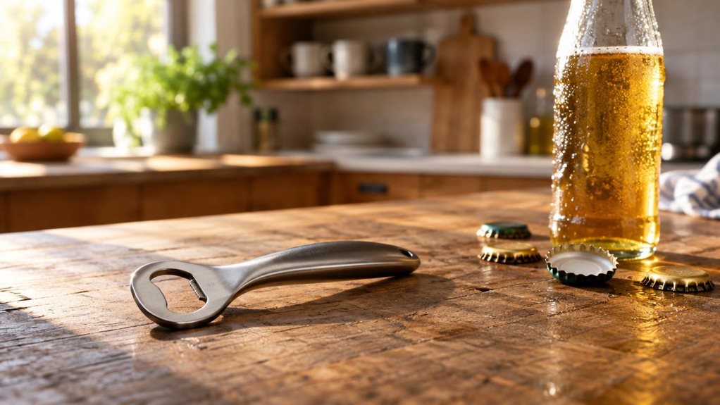 A photograph of a sleek stainless steel bottle opener resting on a weathered wooden kitchen countertop, positioned slightly off-center to the left within a wide 16:9 landscape frame. The opener's curved metal handle catches soft, natural light streaming in from a nearby window, creating gentle highlights along its brushed metal surface. Beside it, a scattering of bottle caps rests casually, as if just removed moments ago, alongside a sweating glass bottle with condensation be